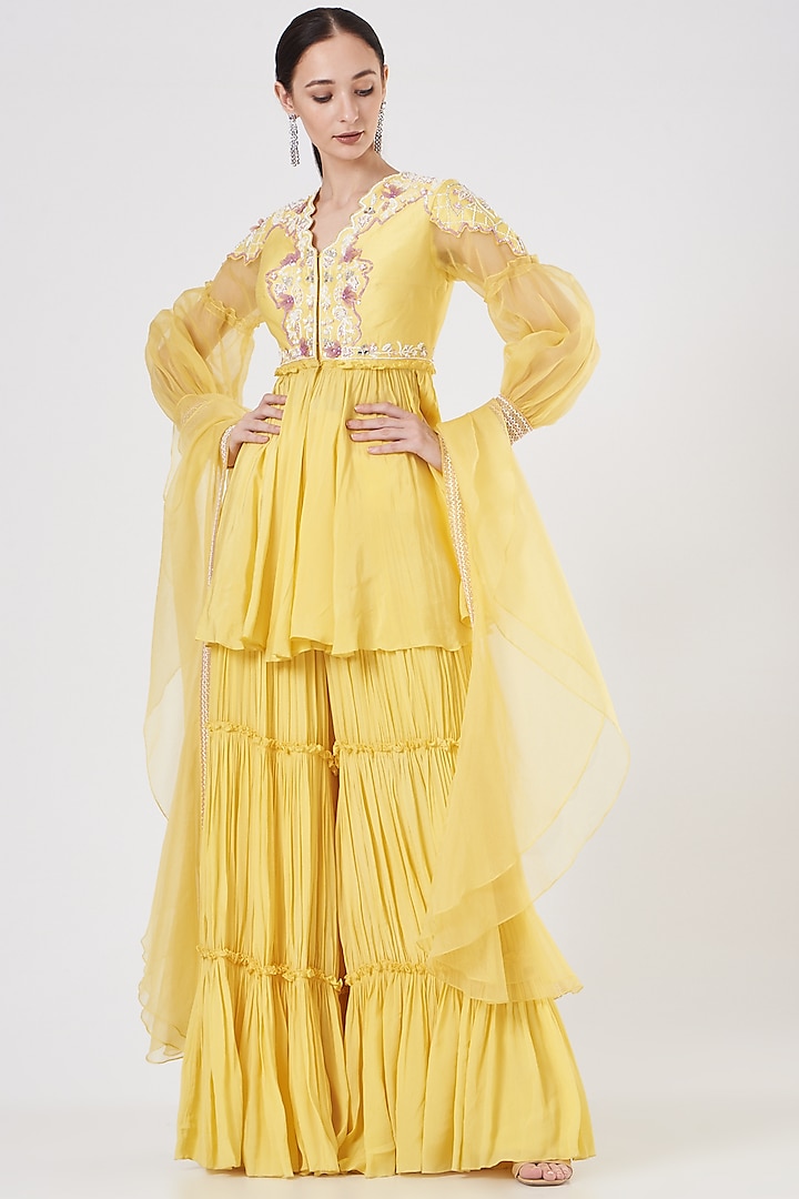 Yellow Embroidered Gharara Set by Dheeru Taneja