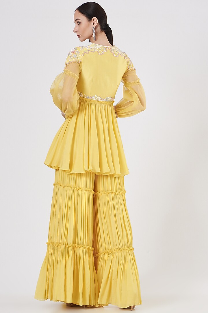 Yellow Embroidered Gharara Set by Dheeru Taneja at Pernia's Pop Up Shop