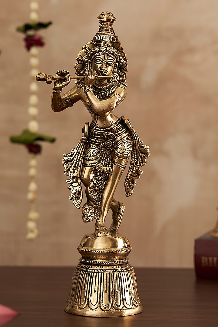 Gold Brass Lord Krishna Idol by DecorTwist