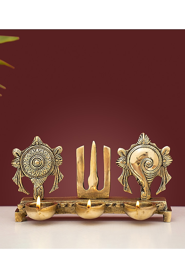 Gold Brass Lord Vishnu Shankh Chakra Nama Diya by DecorTwist