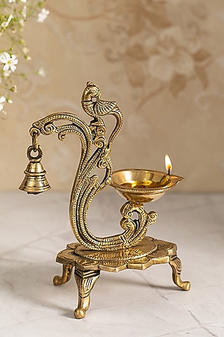 Gold Brass Peacock Diya by DecorTwist