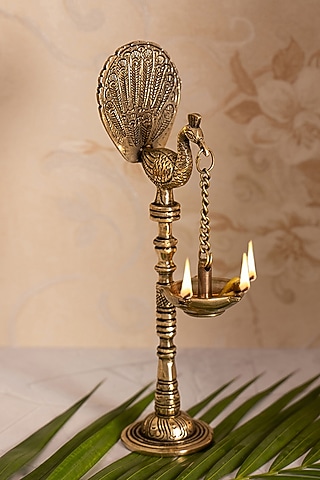 Golden Brass Peacock Hanging Diya by DecorTwist