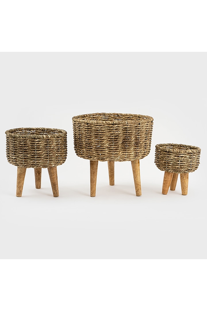 Brown Natural Seagrass & Wood Handmade Woven Planter Set by DecorTwist at Pernia's Pop Up Shop