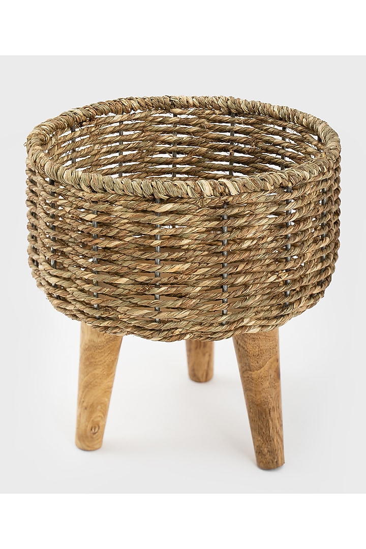 Brown Natural Seagrass & Wood Handmade Woven Planter Set by DecorTwist at Pernia's Pop Up Shop