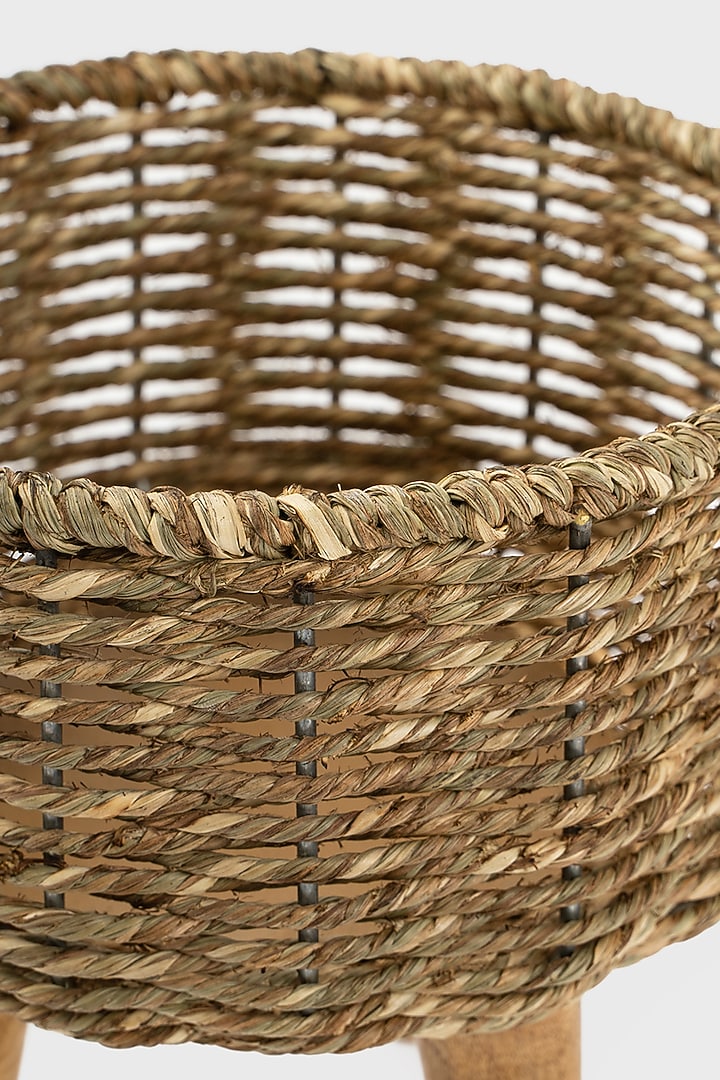 Brown Natural Seagrass & Wood Handmade Woven Planter Set by DecorTwist at Pernia's Pop Up Shop