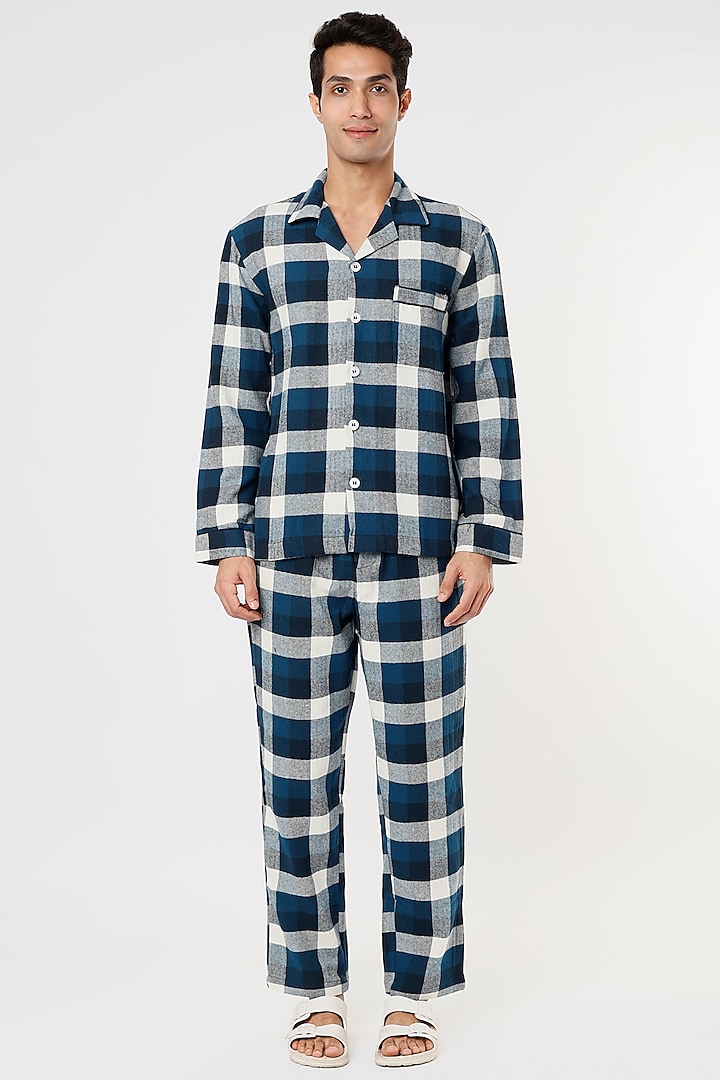 Cobalt Blue Checkered Pyjama Pant Set by Dusk Attire