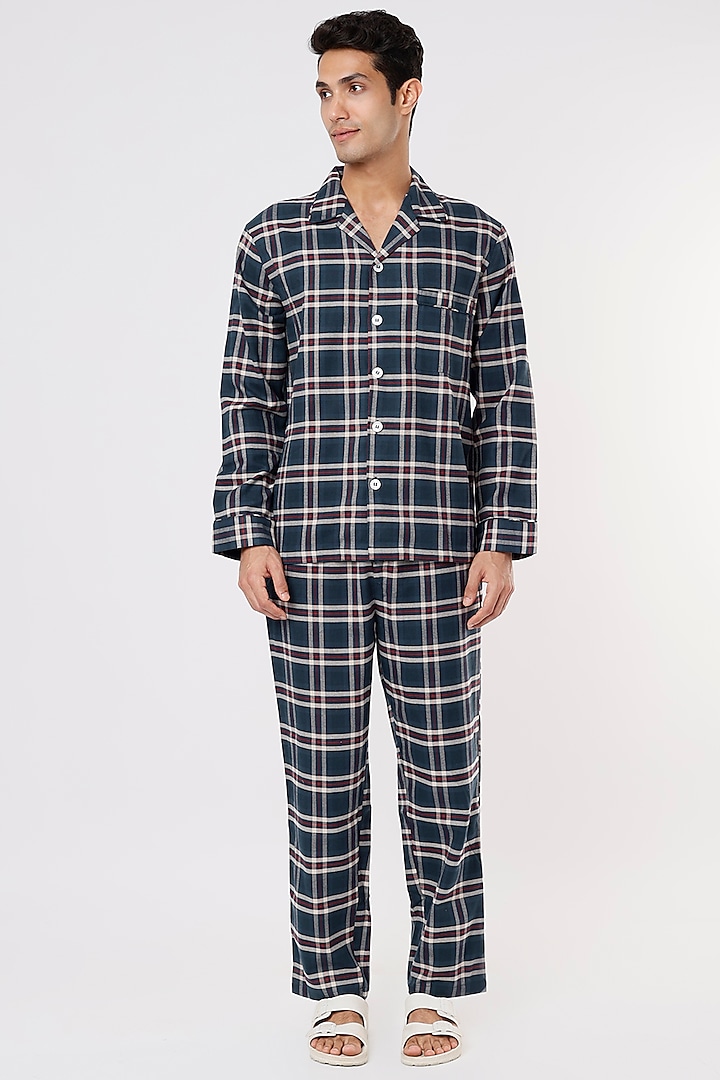 Cobalt Blue Checkered Pyjama Pant Set by Dusk Attire