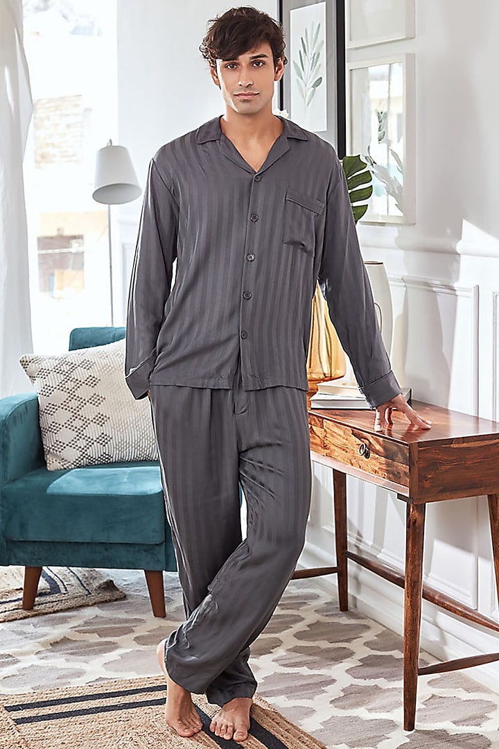 Grey Viscose Satin Pyjama Pant Set by Dusk Attire