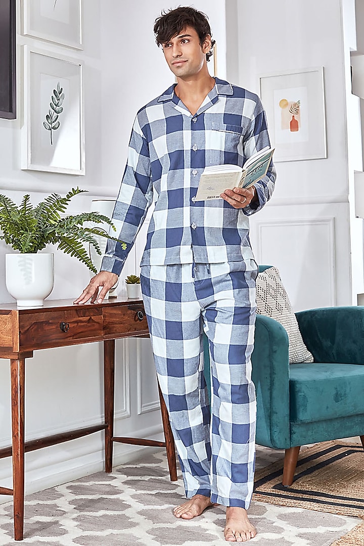 Sky Blue Cotton Pyjama Pant Set by Dusk Attire