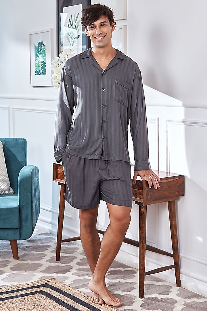 Grey Viscose Satin Pyjama Set by Dusk Attire