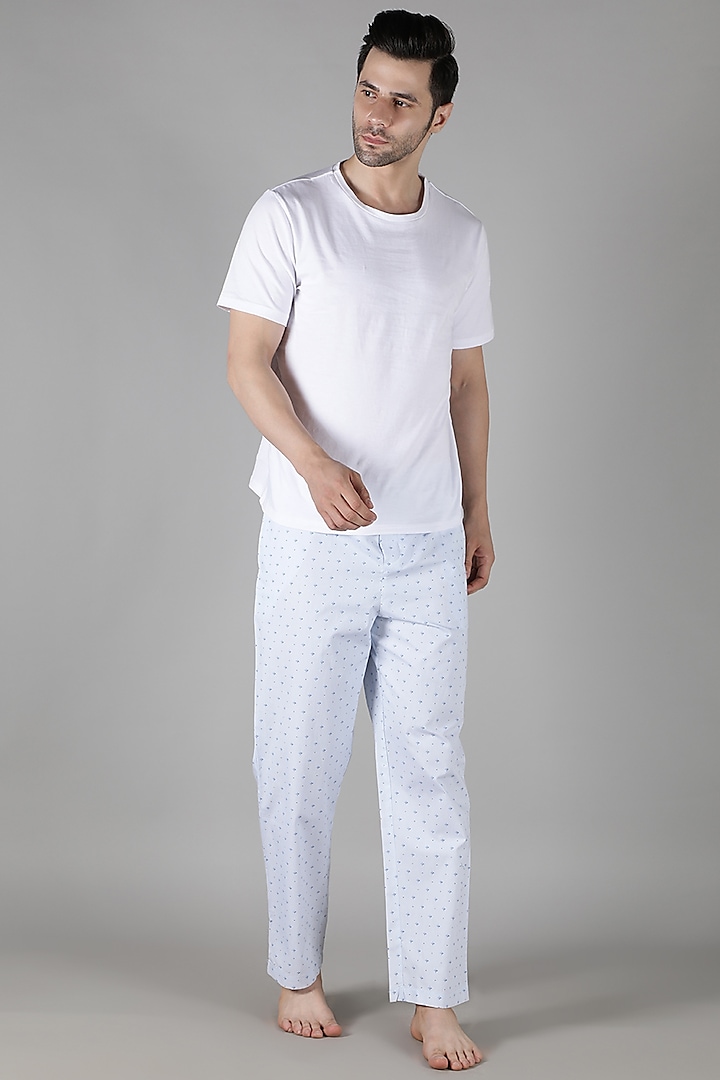Powder Blue Cotton Printed Pyjama Pant Set by Dusk Attire