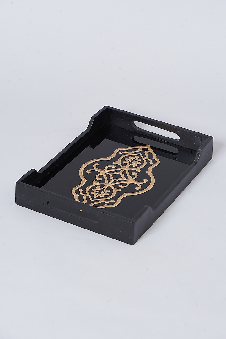 Black Wood & Glass Motif Printed Serving Tray by Dune Homes