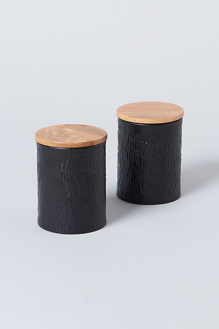 Solid Black Canisters With Wooden Lid (Set of 2) Design by Dune Homes