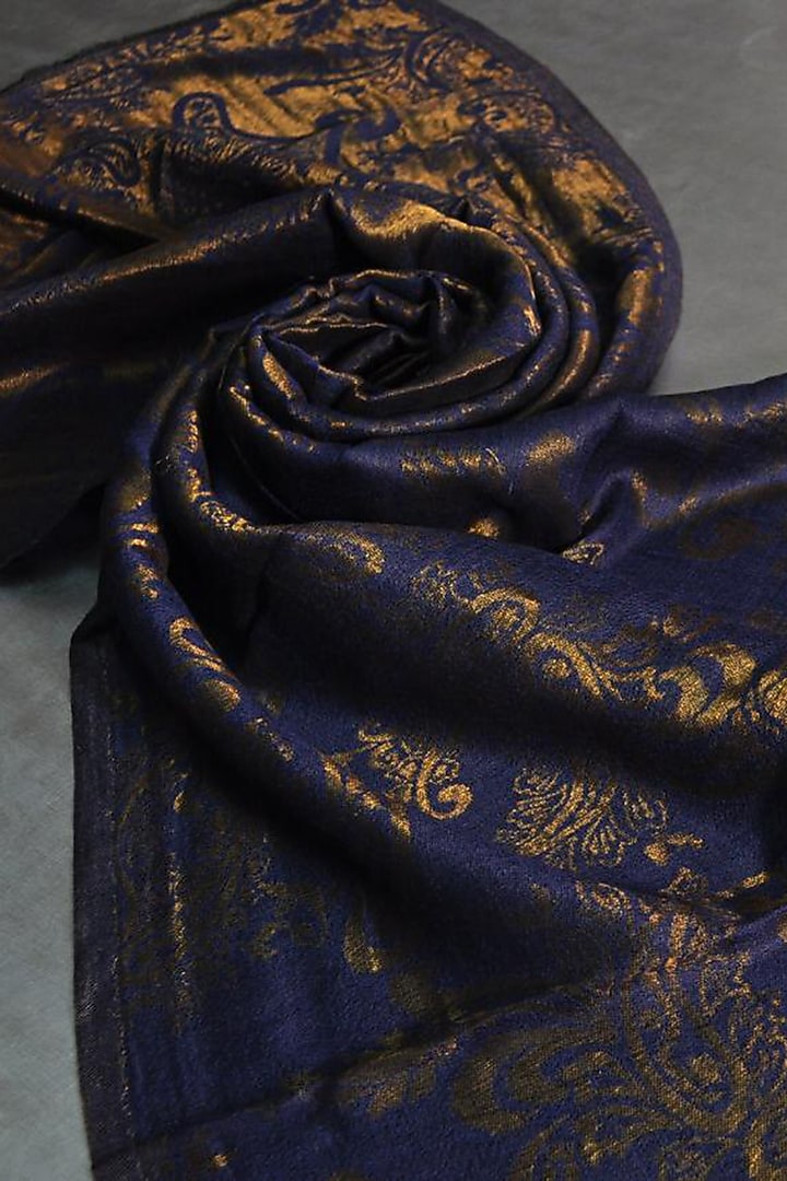 Navy Blue Zari Embroidered Wool Stole by DUSALA  ACCESSORIES at Pernia's Pop Up Shop