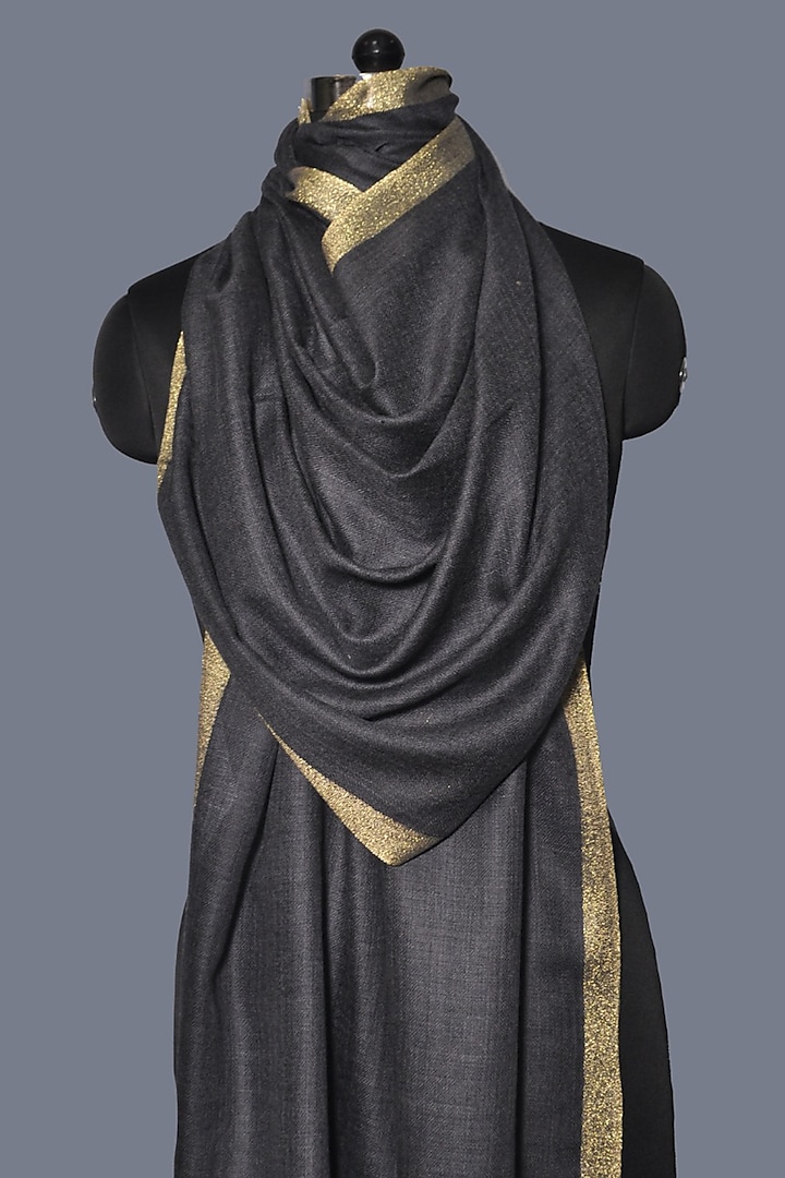Grey Zari Embroidered Wool Stole by DUSALA  ACCESSORIES