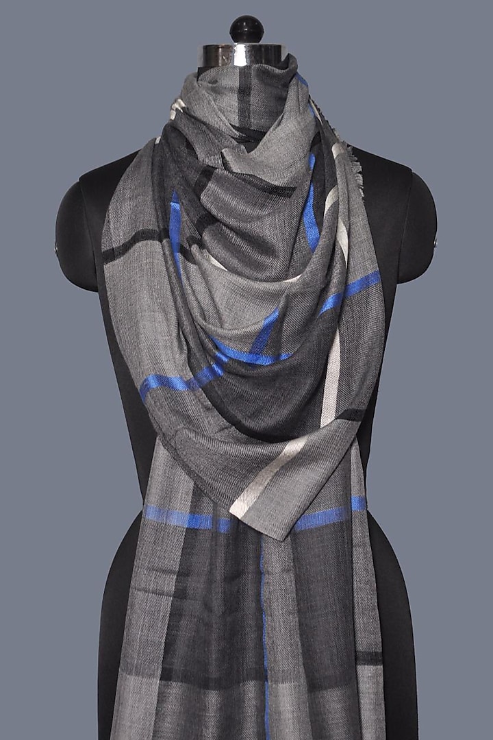 Grey Printed Wool Stole by DUSALA  ACCESSORIES