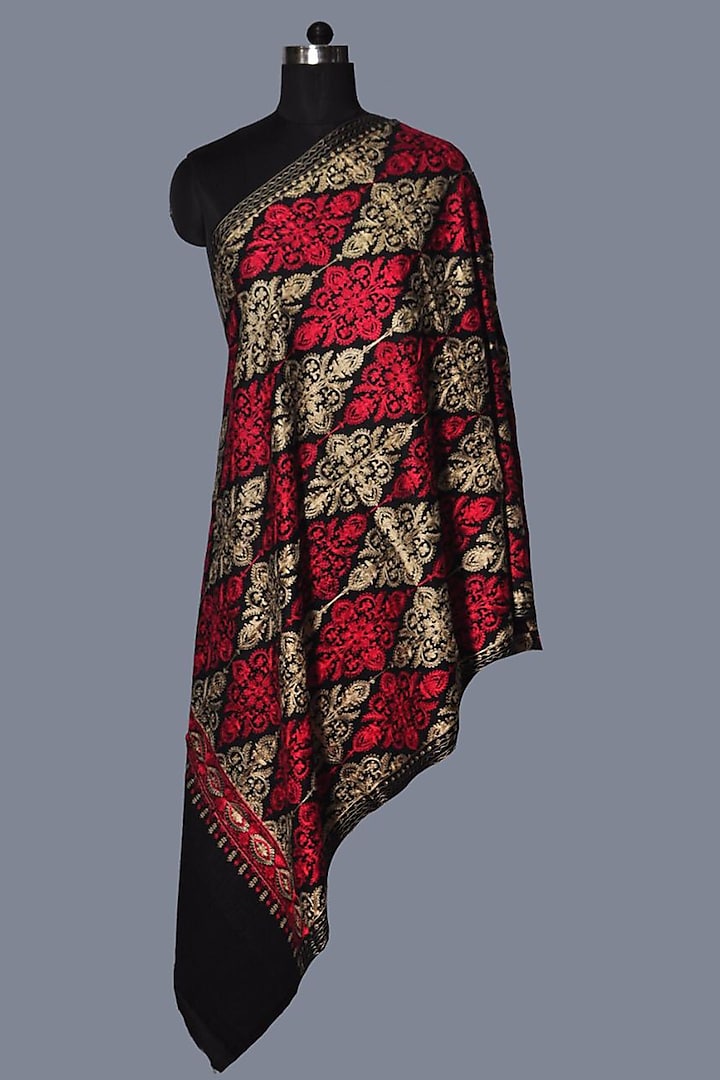 Black & Red Wool Embroidered Stole by DUSALA  ACCESSORIES