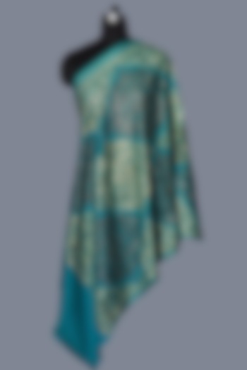 Turquoise Wool Embroidered Stole by DUSALA  ACCESSORIES