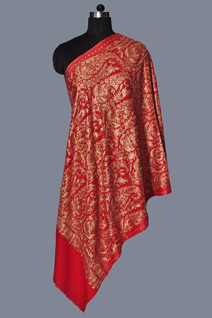 Red Wool Embroidered Stole by DUSALA  ACCESSORIES