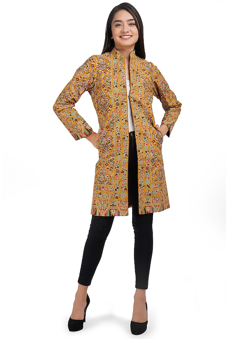 Mustard Paisley Printed Coat by DUSALA  ACCESSORIES