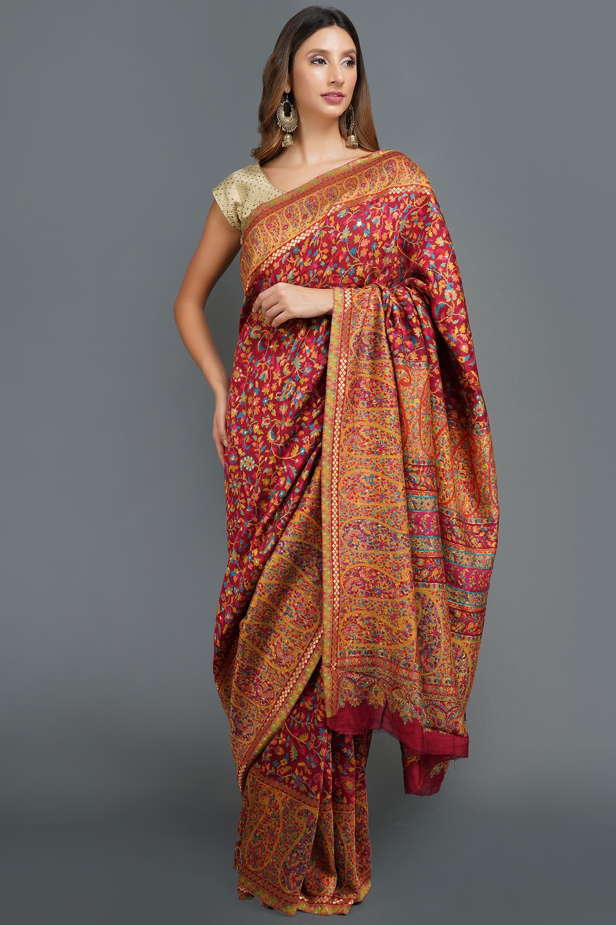 Buy Orange Kashmiri Pashmina Silk Saree Online- IRAAH