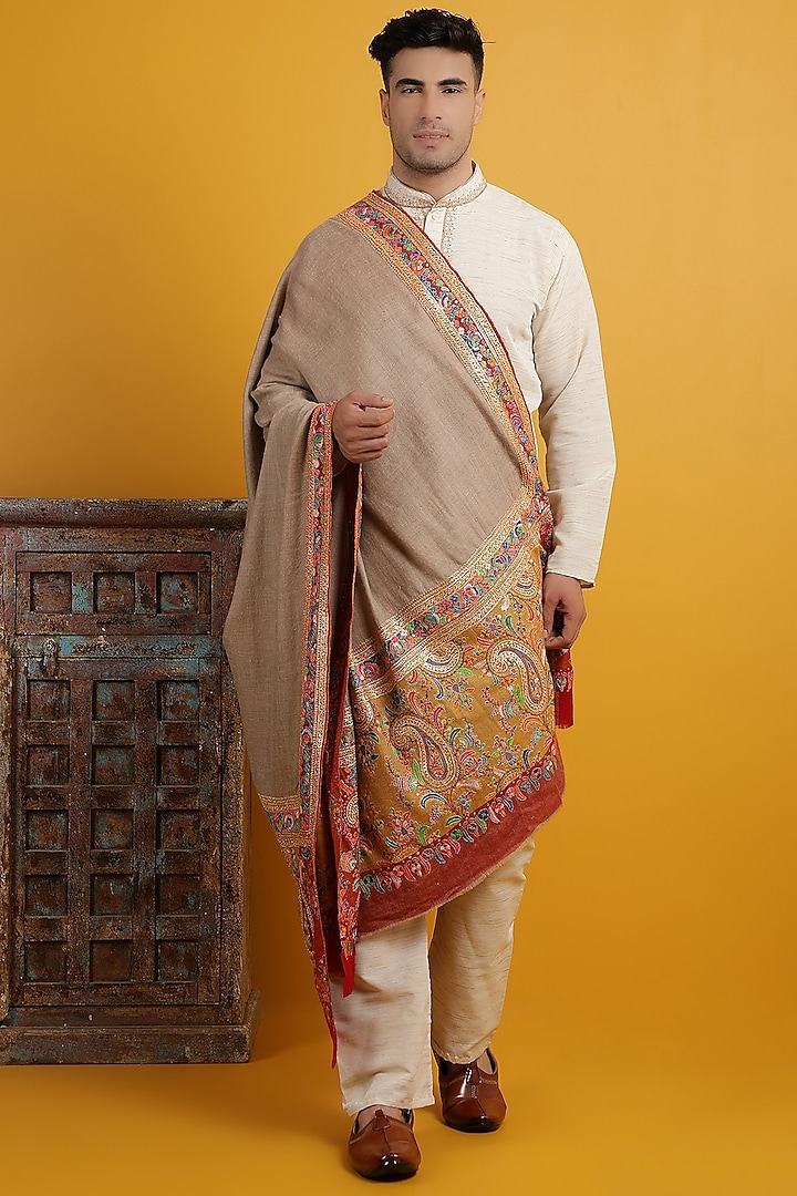 Brown Embroidered Handwoven Shawl by Dusala Men