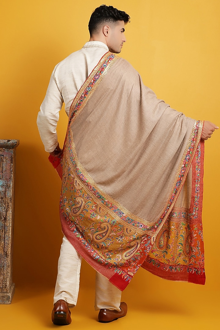 Brown Embroidered Handwoven Shawl by Dusala Men at Pernia's Pop Up Shop