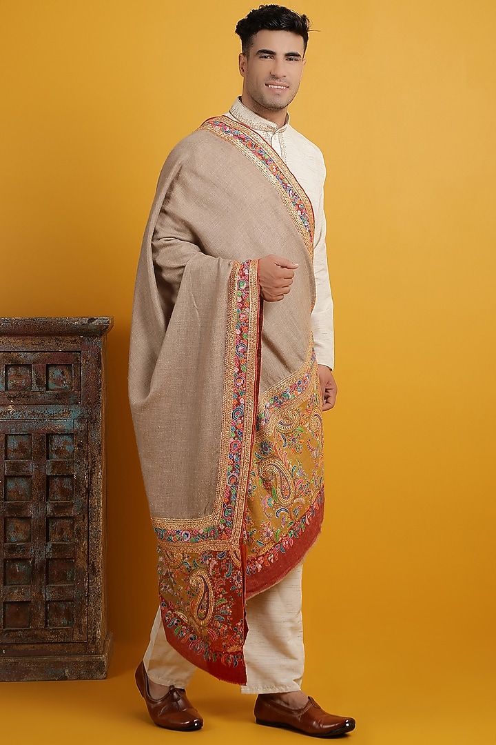Brown Embroidered Handwoven Shawl by Dusala Men at Pernia's Pop Up Shop