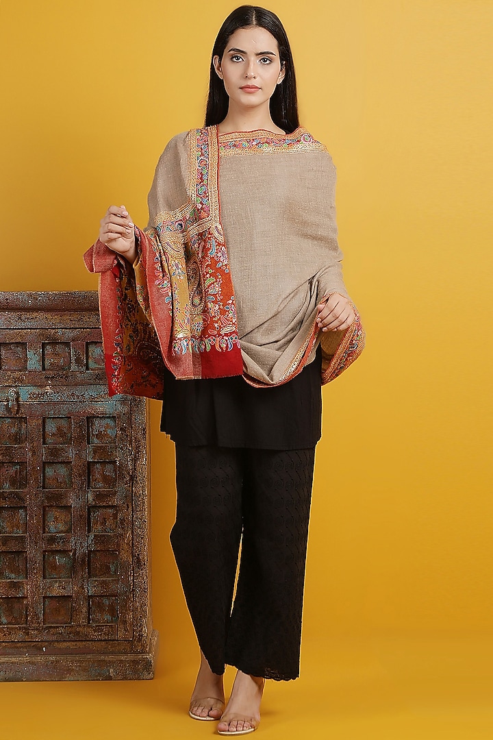 Brown Embroidered Handwoven Shawl by DUSALA  ACCESSORIES