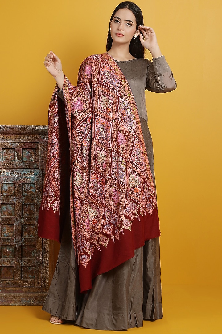 Maroon Pashmina Handwoven Shawl by DUSALA  ACCESSORIES at Pernia's Pop Up Shop