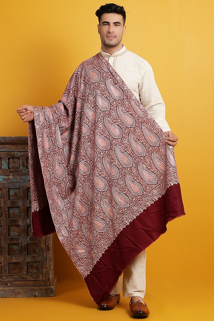 Maroon Hand Embroidered Handwoven Shawl by Dusala Men at Pernia's Pop Up Shop