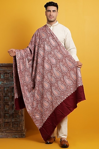 Maroon Hand Embroidered Handwoven Shawl by Dusala Men