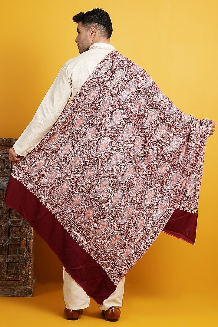 Maroon Hand Embroidered Handwoven Shawl by Dusala Men at Pernia's Pop Up Shop