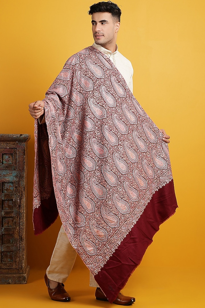 Maroon Hand Embroidered Handwoven Shawl by Dusala Men at Pernia's Pop Up Shop