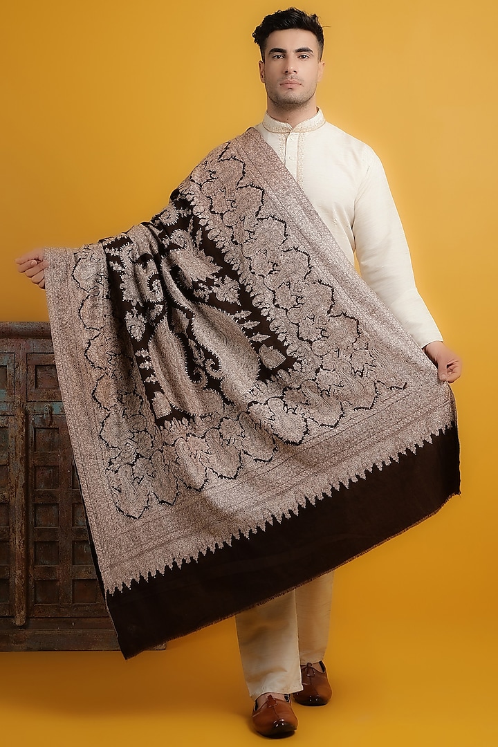 Dark Brown Hand Embroidered Shawl by Dusala Men