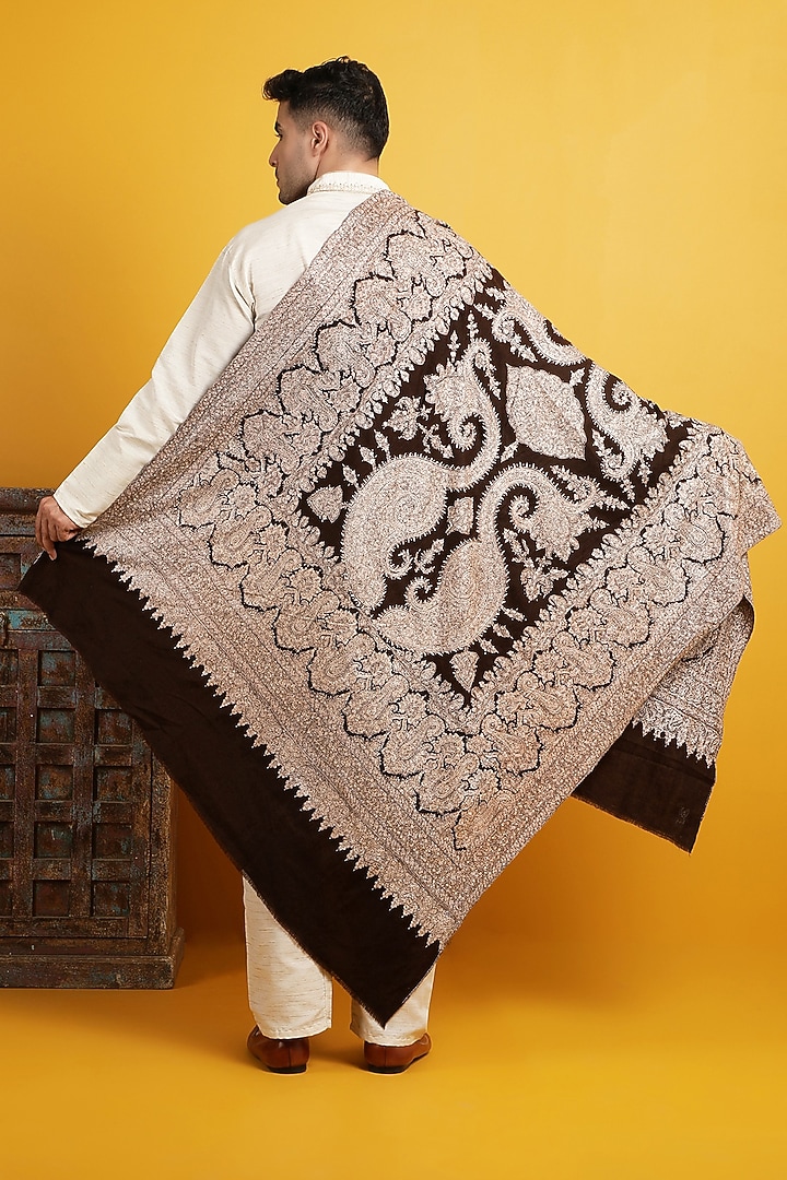 Dark Brown Hand Embroidered Shawl by Dusala Men at Pernia's Pop Up Shop