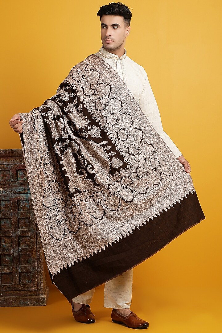 Dark Brown Hand Embroidered Shawl by Dusala Men at Pernia's Pop Up Shop