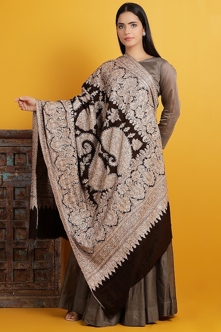 Dark Brown Hand Embroidered Shawl by DUSALA  ACCESSORIES