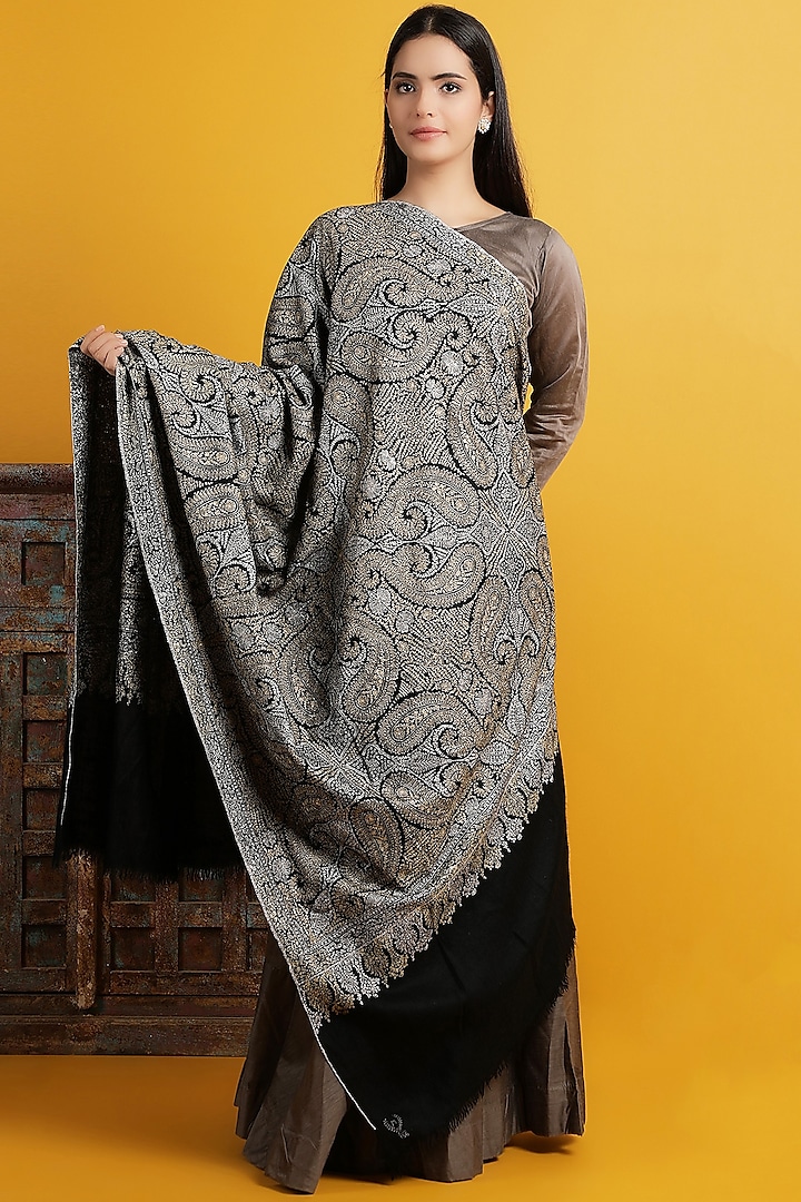 Black Hand Embroidered Handwoven Shawl by DUSALA  ACCESSORIES