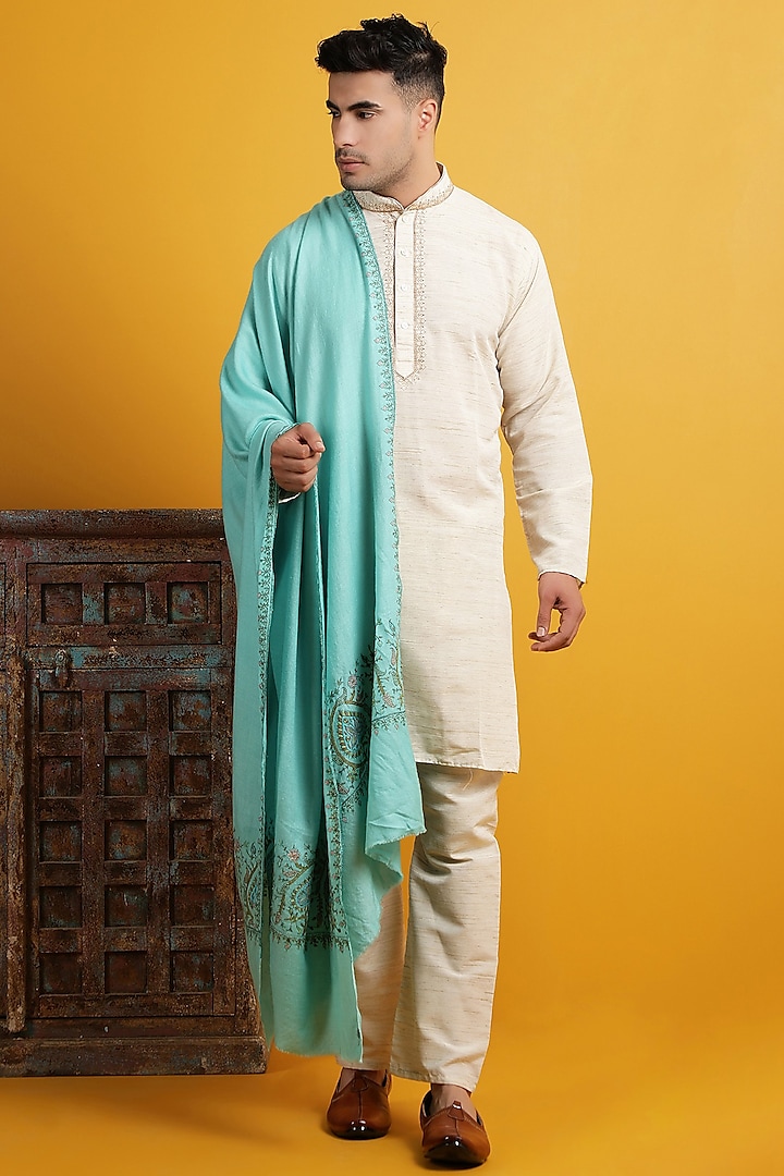 Turquoise Pashmina Handwoven Shawl by Dusala Men