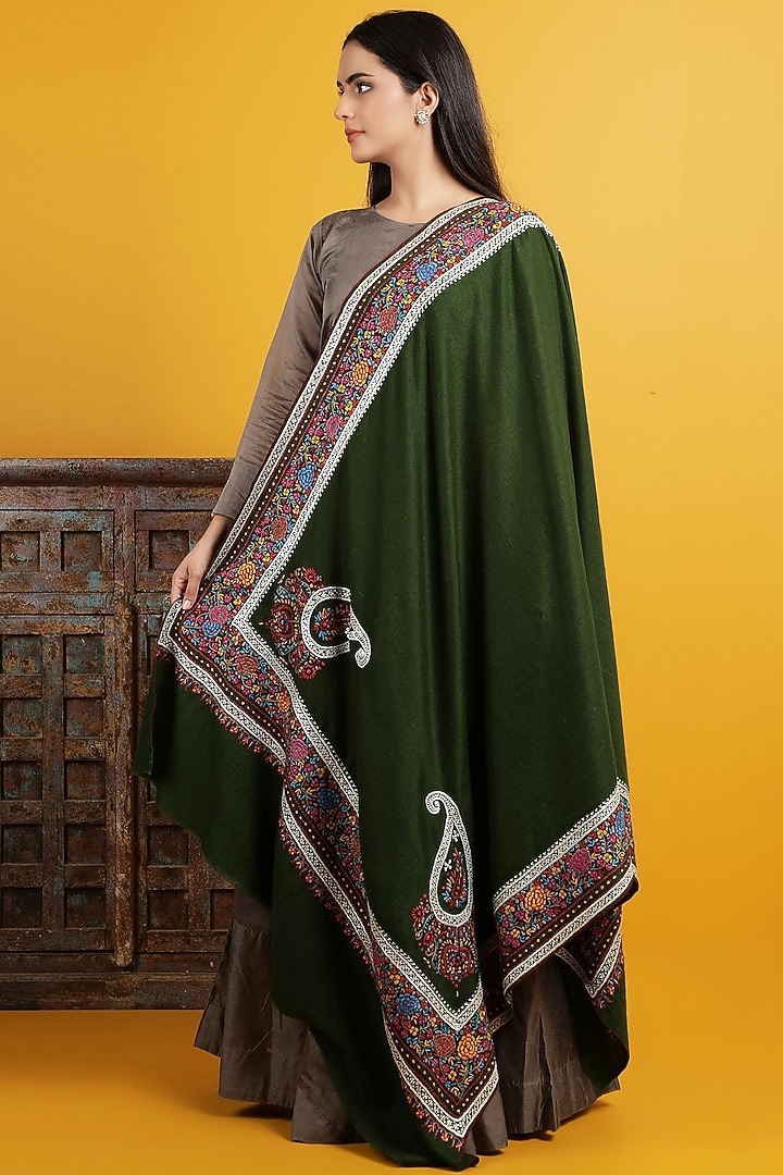 Olive Green Pashmina Handwoven Shawl by DUSALA  ACCESSORIES at Pernia's Pop Up Shop