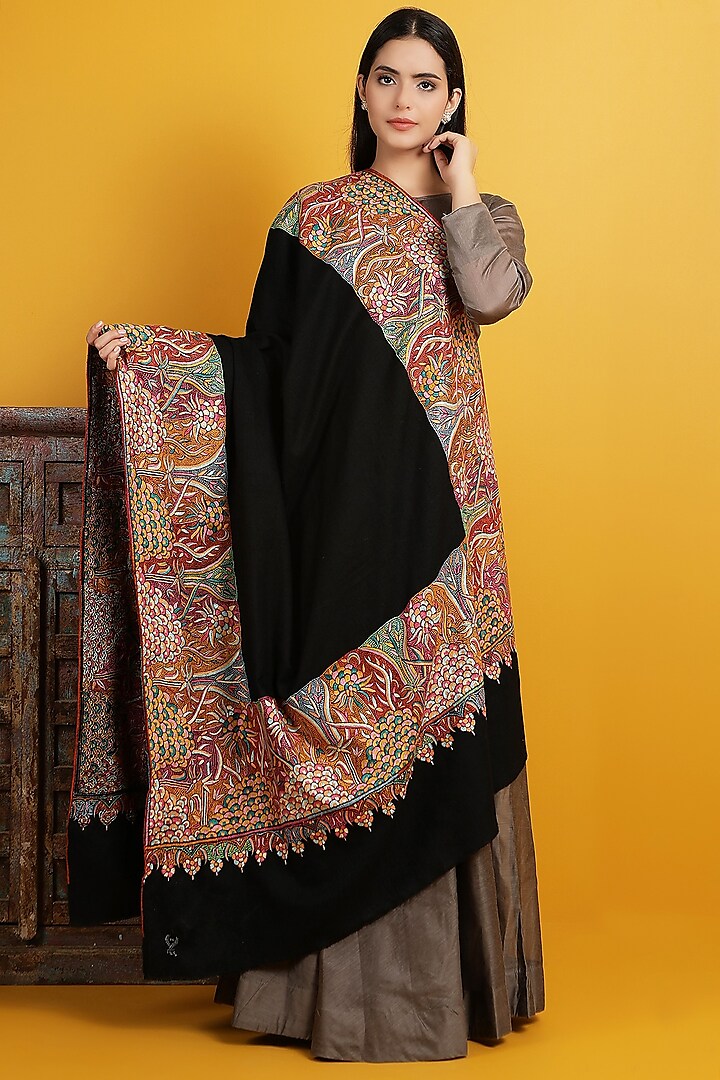Black Embroidered Handwoven Shawl by DUSALA  ACCESSORIES