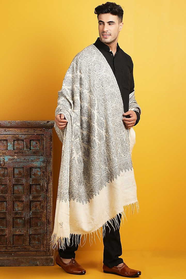 Off-White Embroidered Handwoven Shawl by Dusala Men