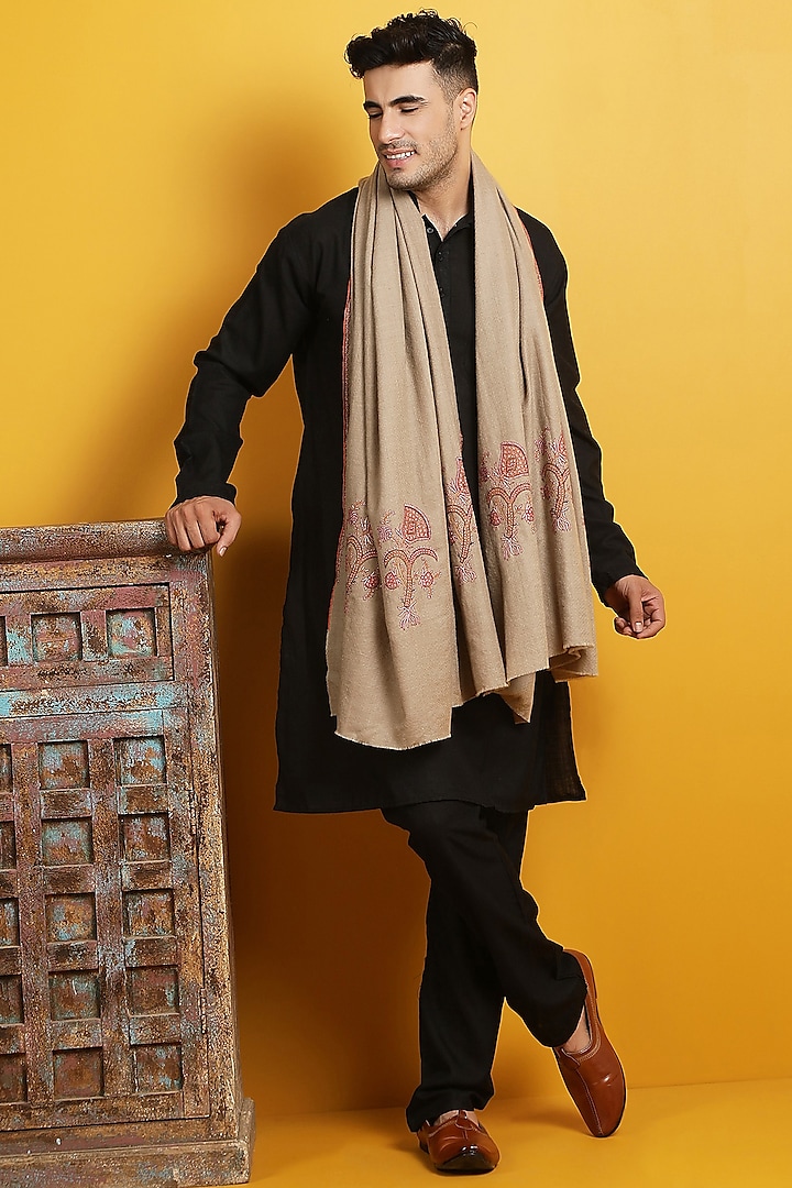 Light Brown Handwoven Shawl by Dusala Men