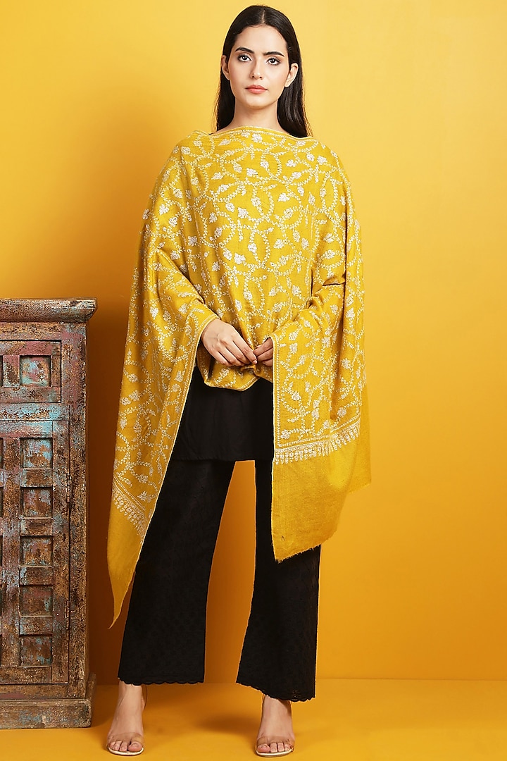 Yellow Hand Embroidered Shawl by DUSALA  ACCESSORIES