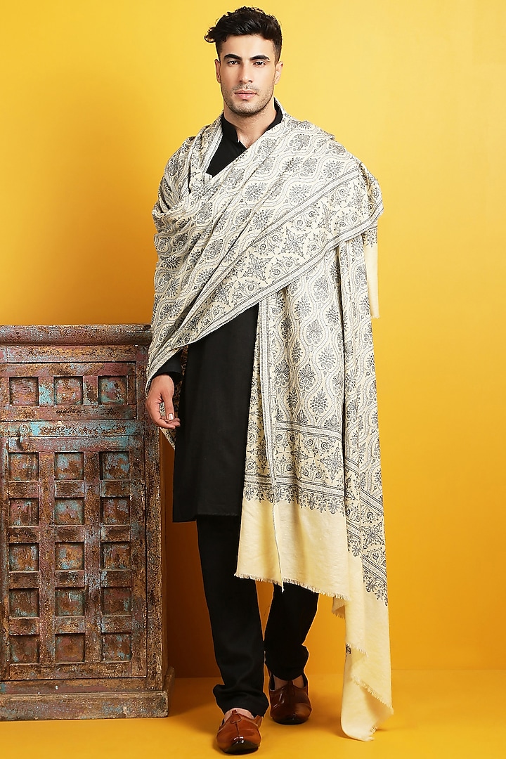 Off-White Hand Embroidered Shawl by Dusala Men