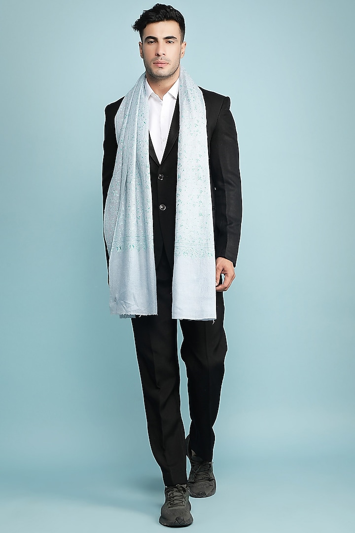 Mint Blue Hand Embroidered Stole by Dusala Men