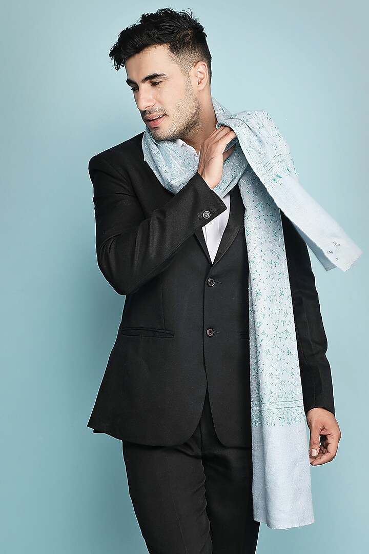 Mint Blue Hand Embroidered Stole by Dusala Men at Pernia's Pop Up Shop