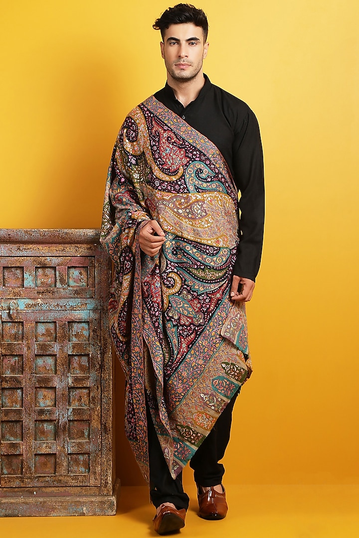 Multi-Colored Embroidered Handwoven Shawl by Dusala Men