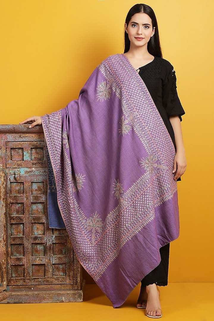 Lilac Embroidered Handwoven Shawl by Dusala